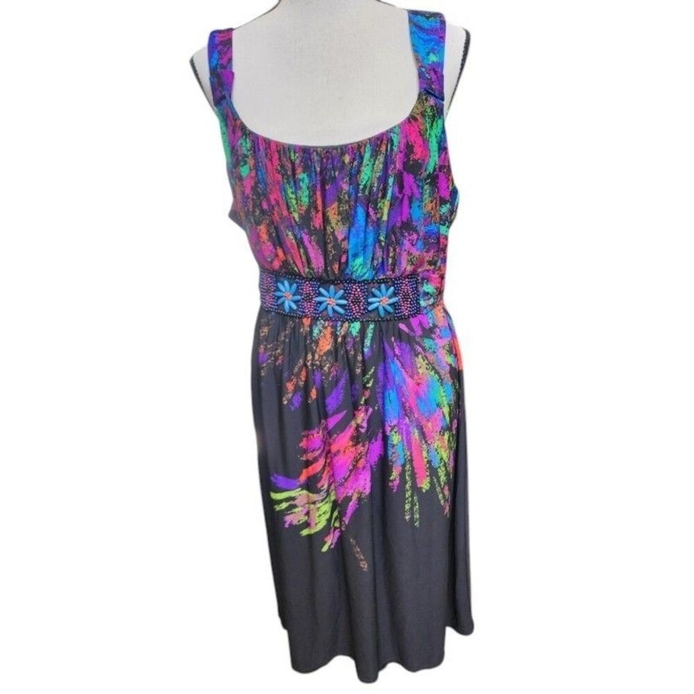 Bisou Bisou Abstract Sleeveless Beaded Waist Belted Size 18W Pullover Boho